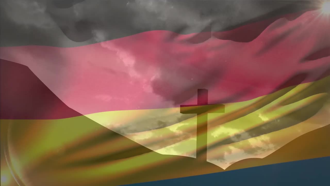 산 위의 십자가 십자가의 실루에 대해 독일 발을 흔들고 있는 애니메이션