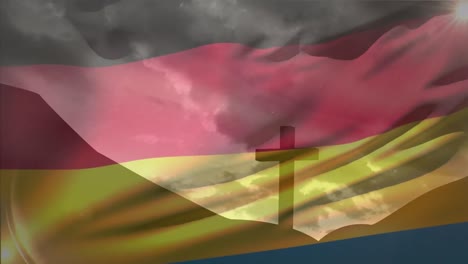 Animación-De-Ondear-La-Bandera-De-Alemania-Contra-La-Silueta-De-La-Crucifixión-Cruzada-En-Una-Montaña