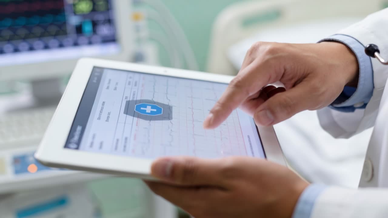 Seeing monitor, clinician tapping finger swiping tablet at bedside, reviewing ECG app in white coat