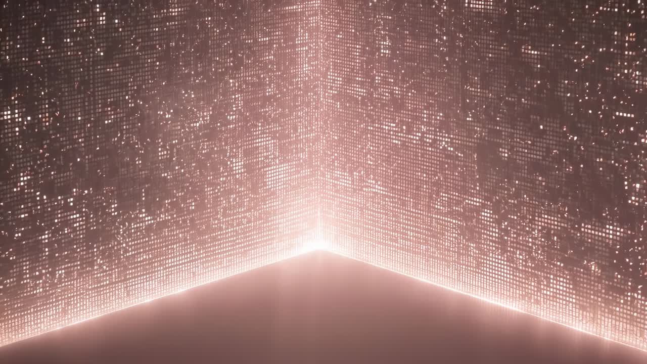Pink light sparking corner panels pulsing in studio, showing grid sparkles on seam, making rhythm