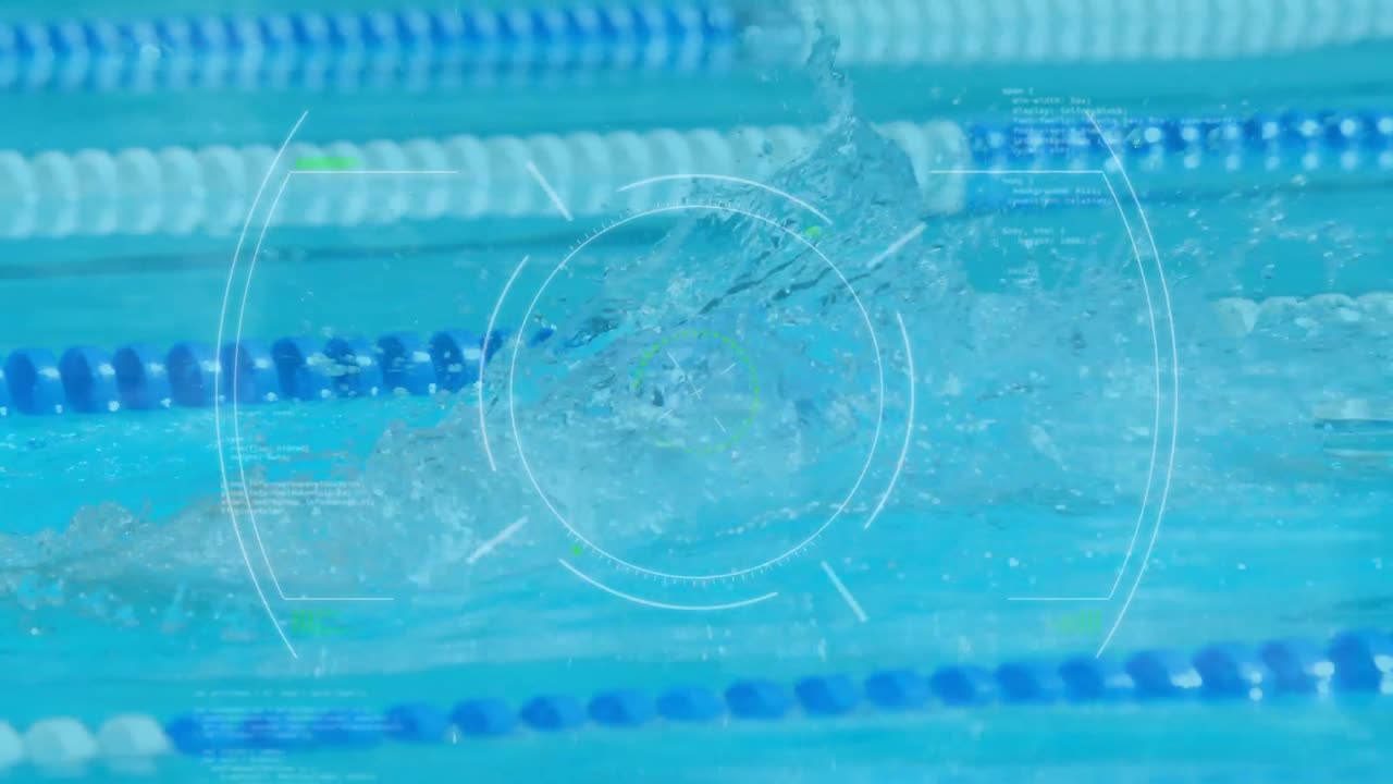 수영장에서 백인 남성 수영 선수에 대한 스 ⁇  스캐닝과 데이터 처리 애니메이션