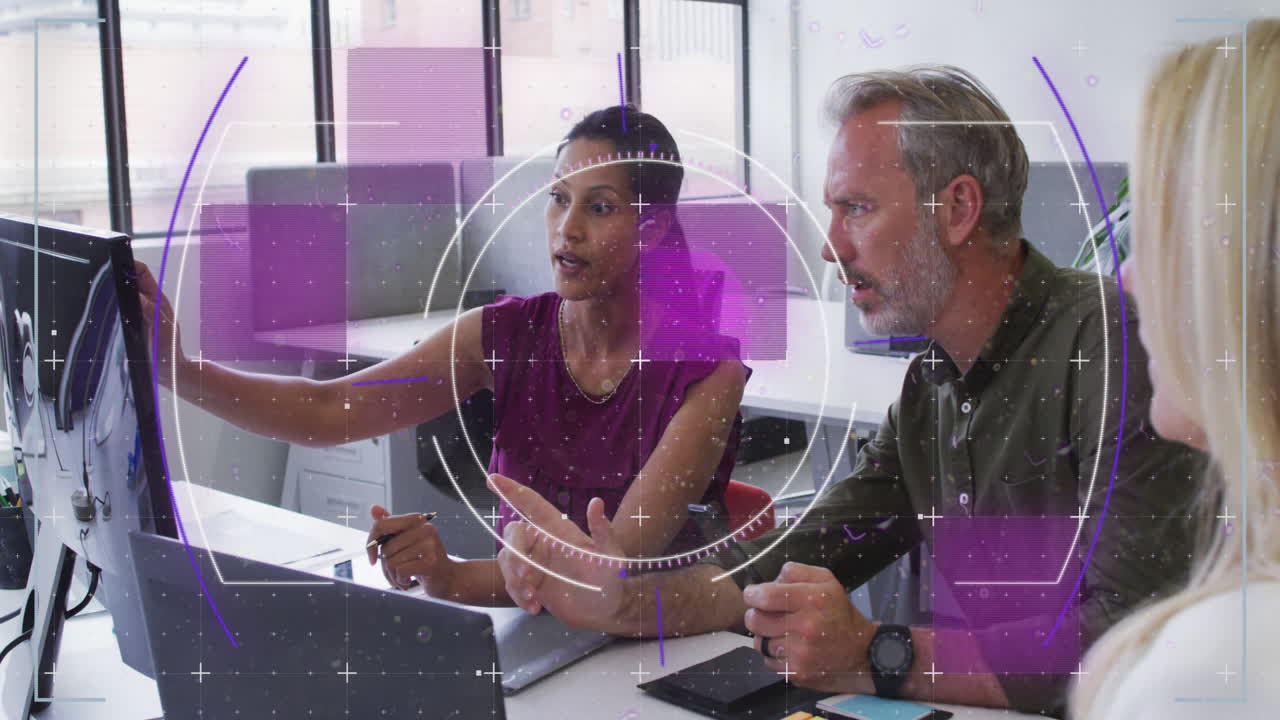 Animation of financial data processing over diverse business people in office