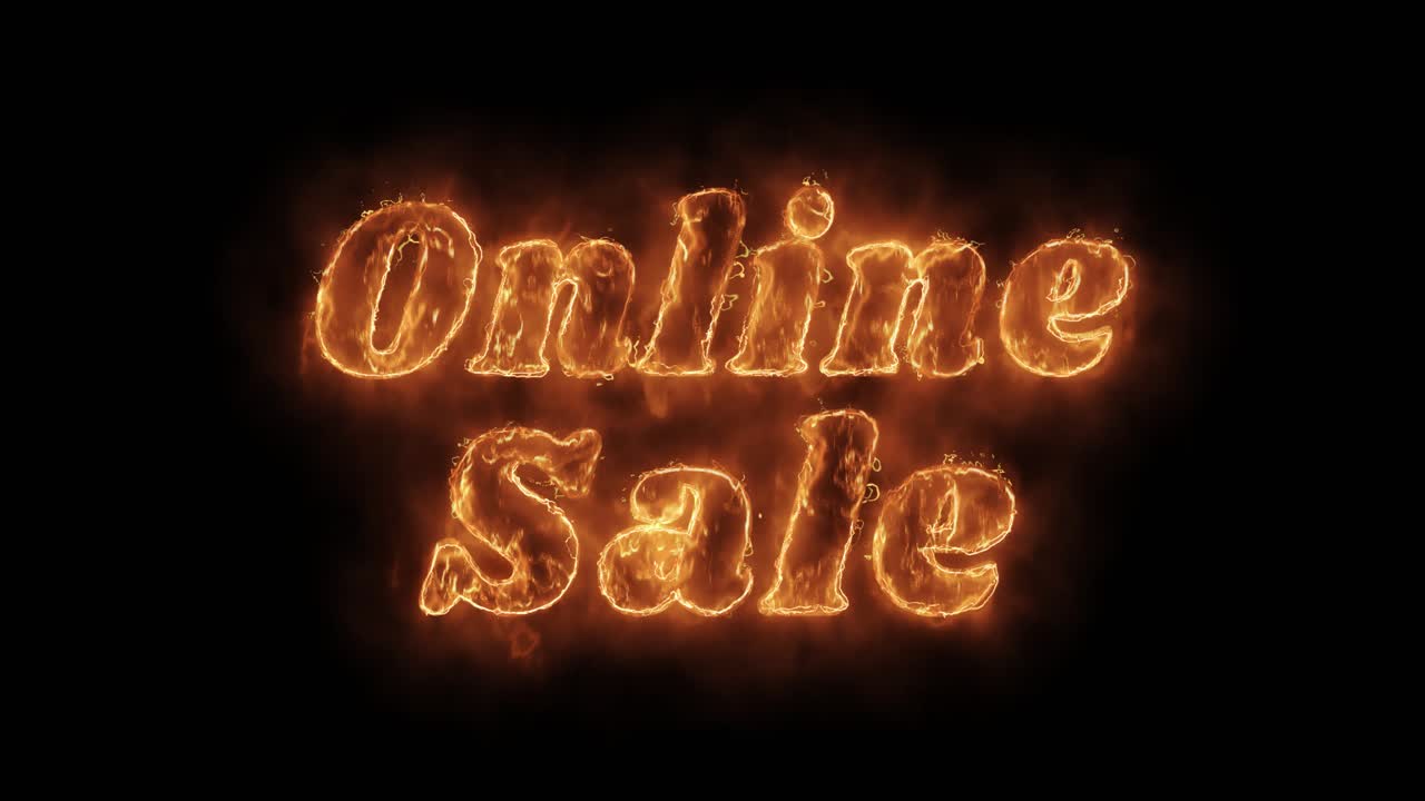 Online sale word hot animated burning realistic fire flame and smoke seamlessly loop animation on