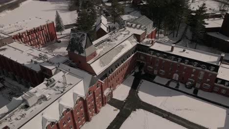 Aerial-Panoramic-View-Of-Bishop's-University-During-Winter-Season-In-Sherbrooke,-Quebec-Canada