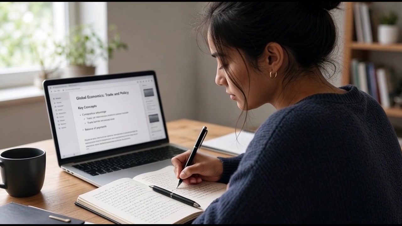 Young Woman Studying Economics on Laptop and Taking Notes