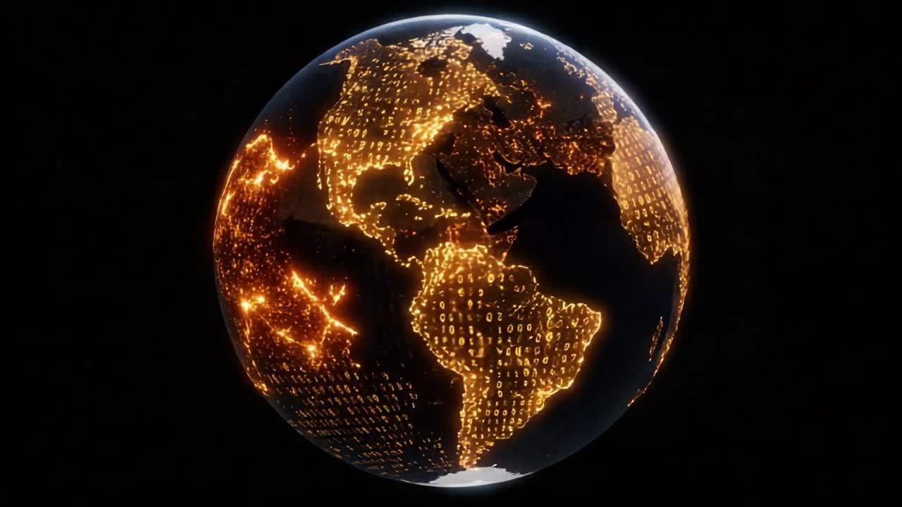 A Stunning Visual of Earth Represented by Network Connections and Binary Data, Highlighting the Interconnectedness of Our Global Digital Landscape
