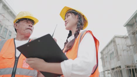 female housing project owner talking with engineer or foreman about house construction progress of housing project at construction site. team of professional contractor working in real estate business.