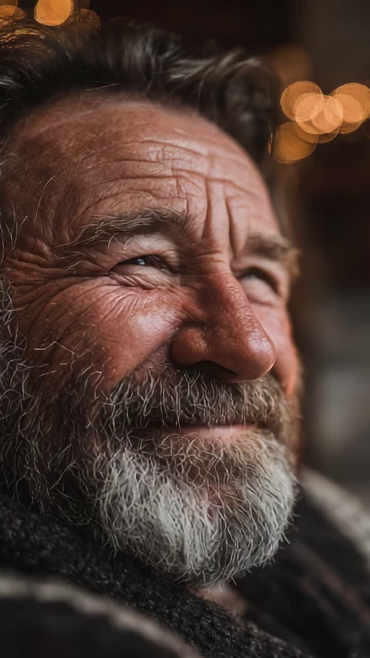 Ritratto accattivante di un uomo maturo con tratti espressivi e un sorriso cordiale su uno sfondo delicatamente illuminato, che mette in risalto la bellezza dell'esperienza di vita e dell'emozione