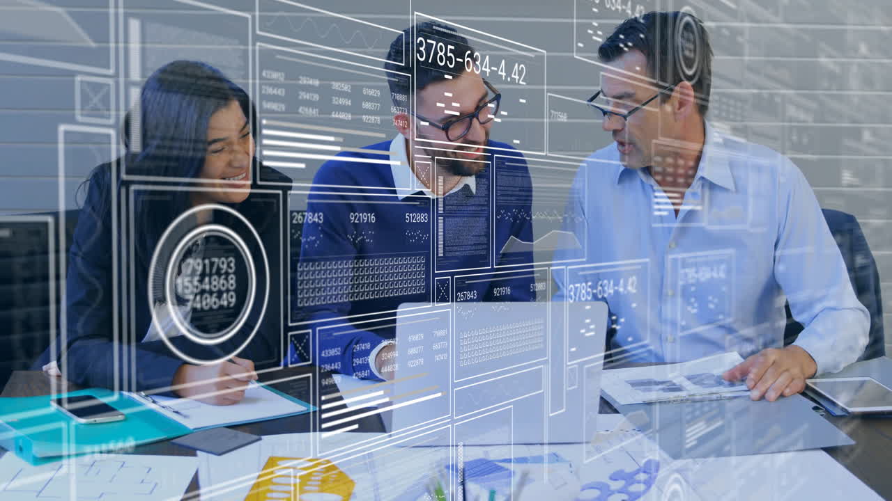 Discussing data with animation overlay, business professionals in office meeting room