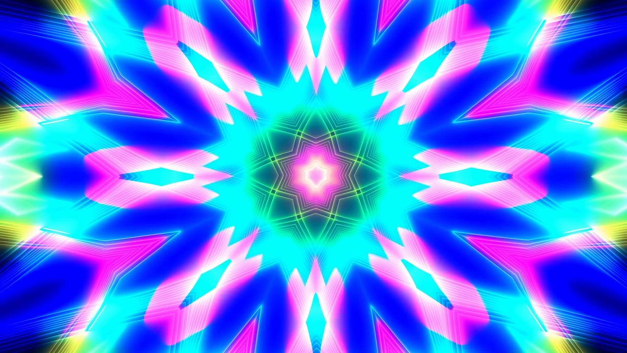 Neon Kaleidoscope Mandala Glowing Starburst Pattern Symmetrical Starburst Petals In Cyan Magenta And Teal,