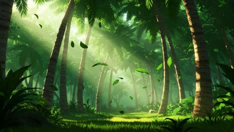 a magical forest illuminated by sunlight with lush greenery and towering palm trees creating a serene and enchanting atmosphere