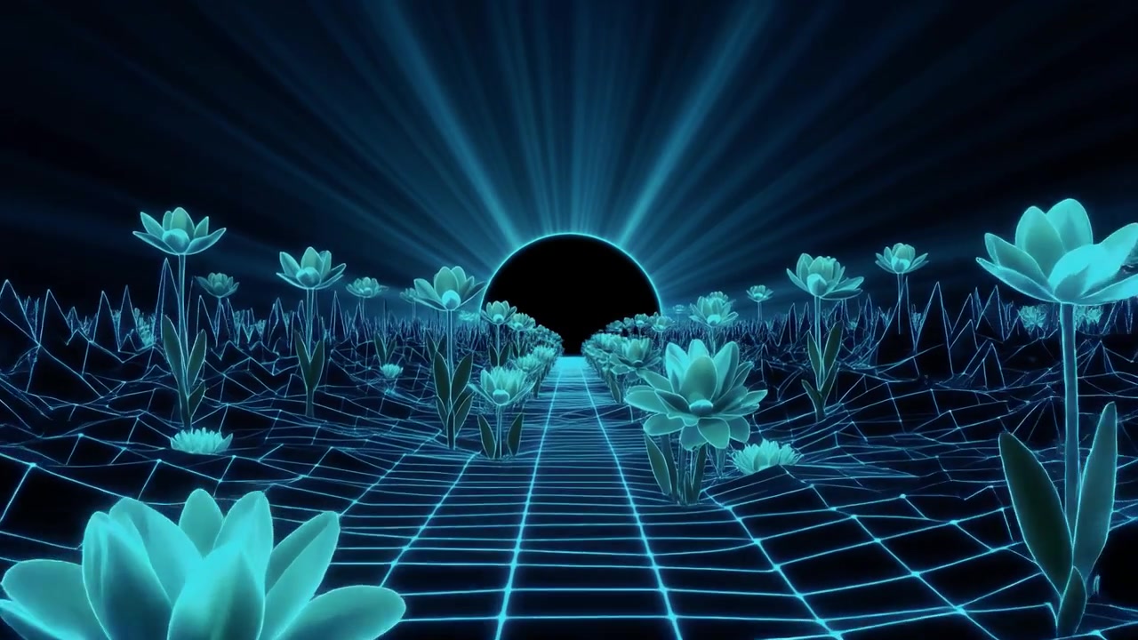 Retro Synthwave Landscape with Glowing Flowers and Digital Grid