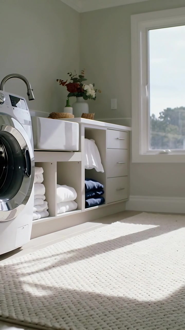 Vertical video: Camera panning right across laundry, showing washer sink window layout, copy space