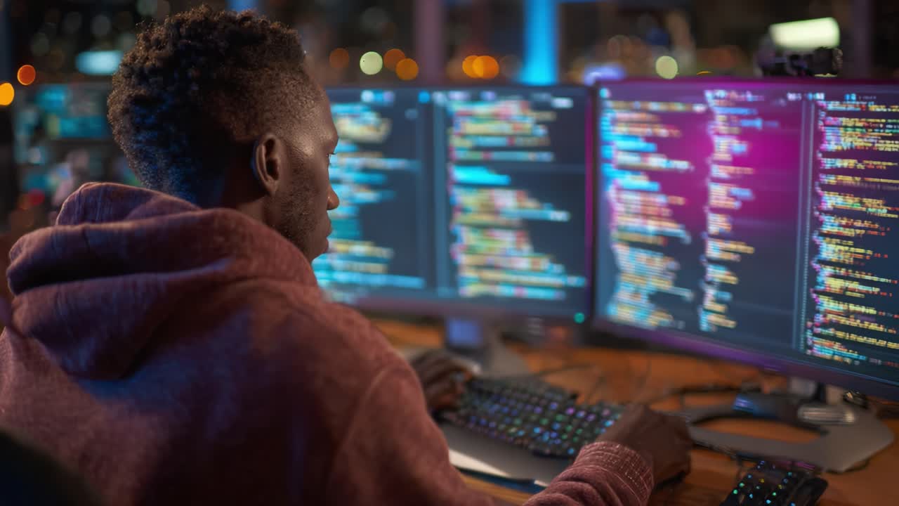 An Intense Evening of Coding: A Programmer Focused on Multiscreen Development with Colorful Code Displayed on Dual Monitors during Nighttime
