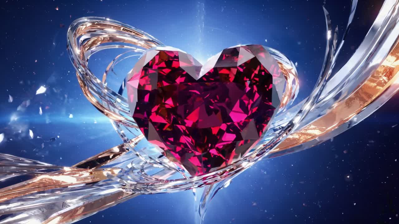 Stunning red gemstone heart takes center stage, surrounded by elegantly swirling crystal-like structures. The dynamic background features a deep blue hue, enhancing the vividness of the heart's facets. As light dances over the surface, reflections create a mesmerizing display of color. This visually