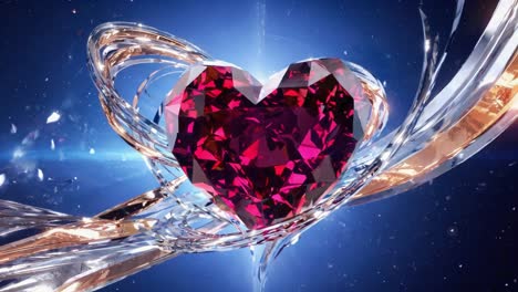 stunning red gemstone heart takes center stage, surrounded by elegantly swirling crystal-like structures. the dynamic background features a deep blue hue, enhancing the vividness of the heart's facets. as light dances over the surface, reflections create a mesmerizing display of color. this visually