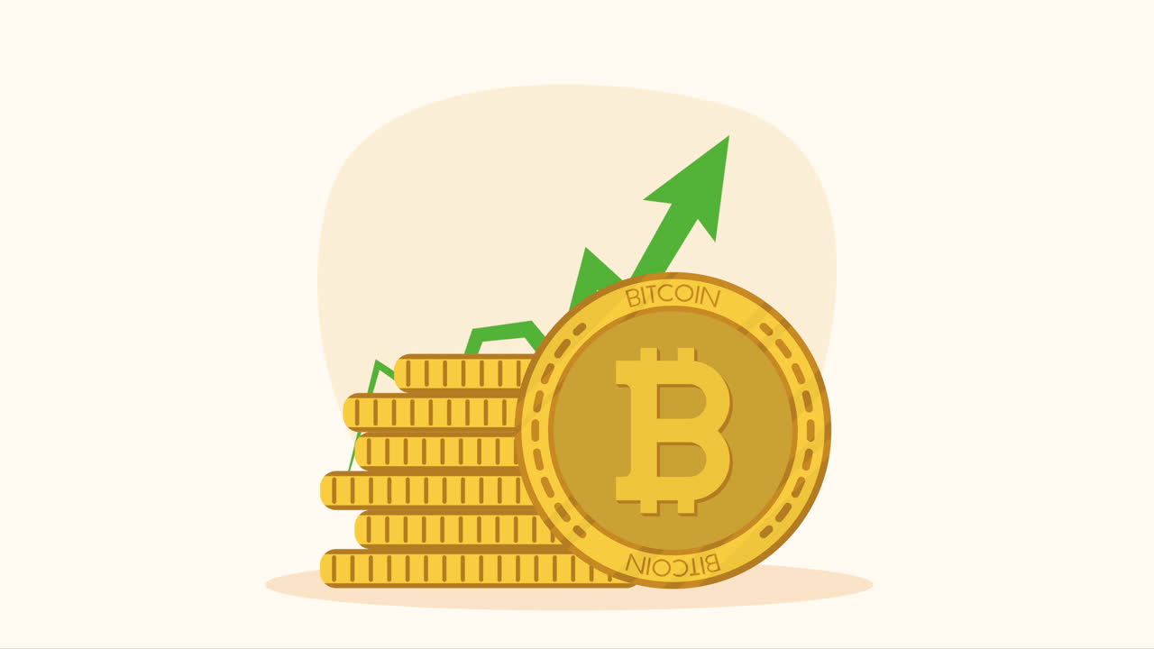 Zlaté bitcoiny se statistickými šipkami animace