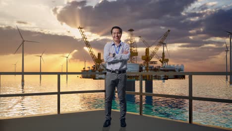 businessman on offshore oil rig and wind farm at sunset