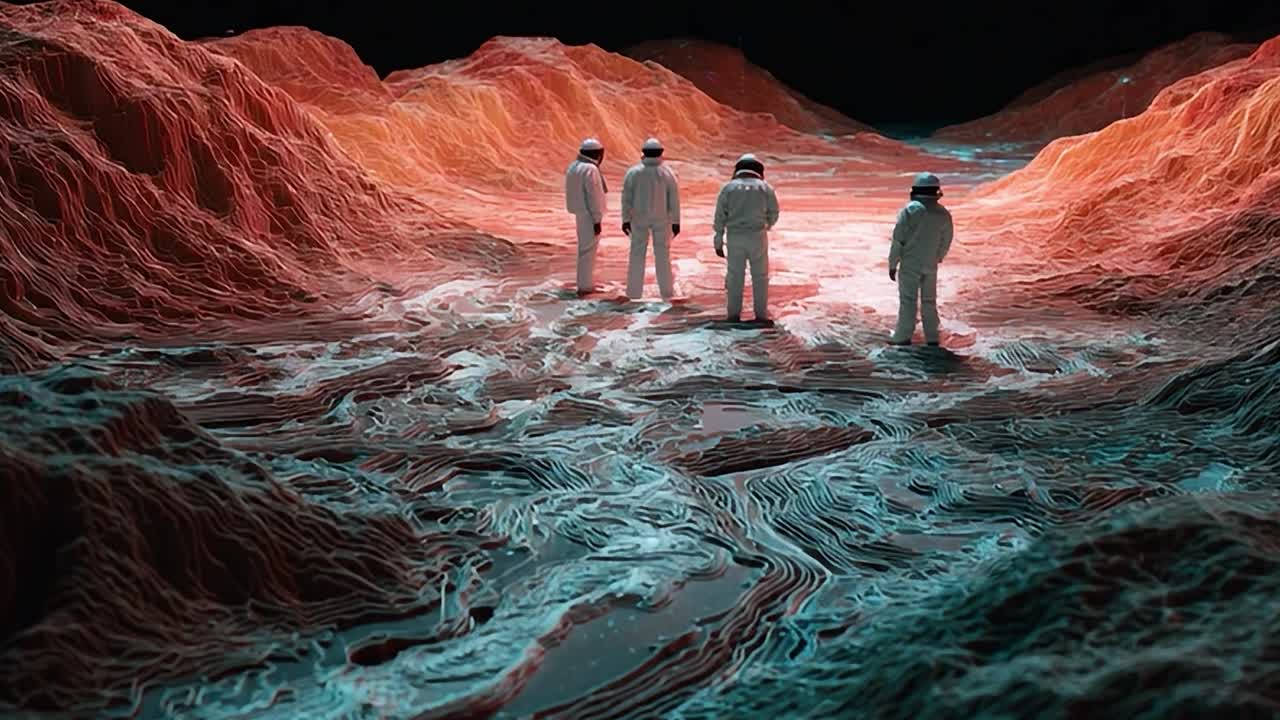 Esploratori in un paesaggio futuristico che esaminano i contorni di un terreno alieno