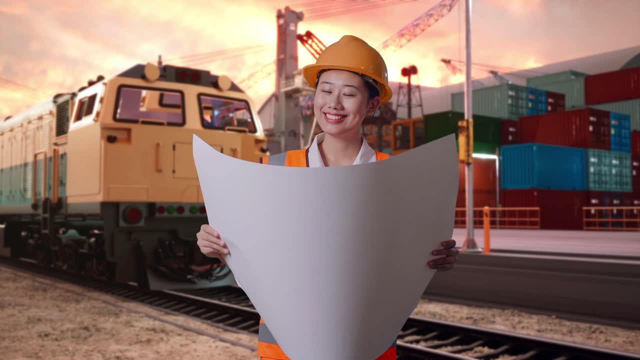 Asian Female Engineer With Safety Helmet Looking At Blueprint In Her Hands With Freight Cargo Train At Port