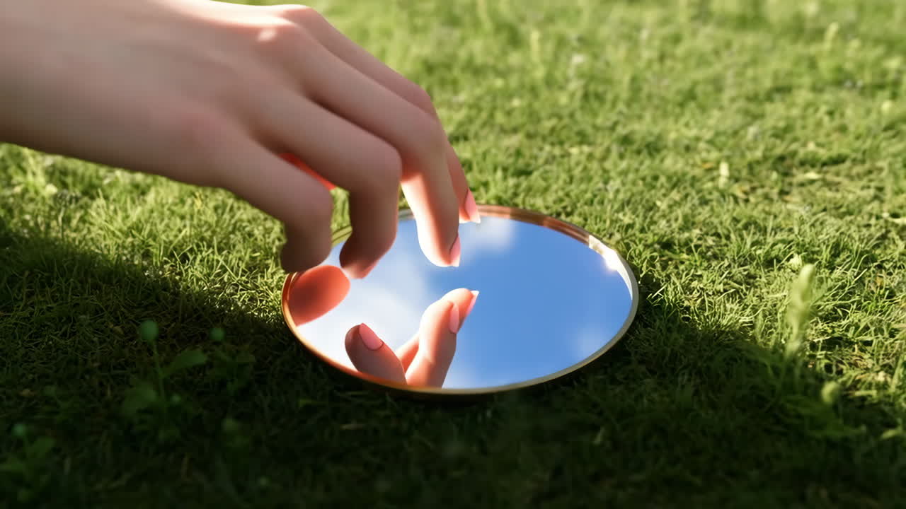 Hand Reaching for a Mirror Reflecting the Sky on Grass