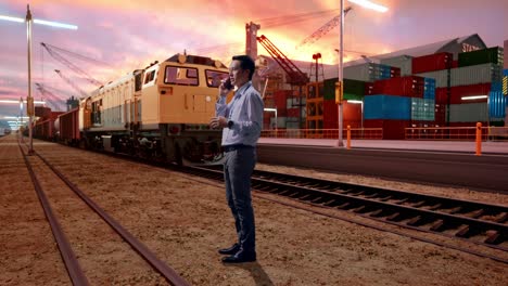 full body side view of an asian male professional worker standing with freight cargo train at port, he is speaking with someone in the phone and moving his left hand