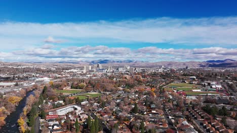 drone shot pulling back of downtown reno, nevada