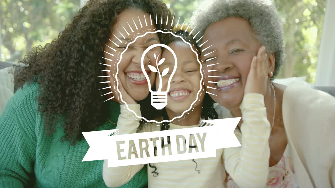 Earth Day celebration animation over smiling family embracing each other