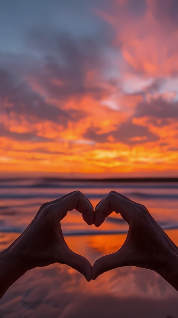 Uno splendido tramonto sull'oceano catturato in un gesto a forma di cuore, che simboleggia amore e connessione tra i colori vivaci del crepuscolo