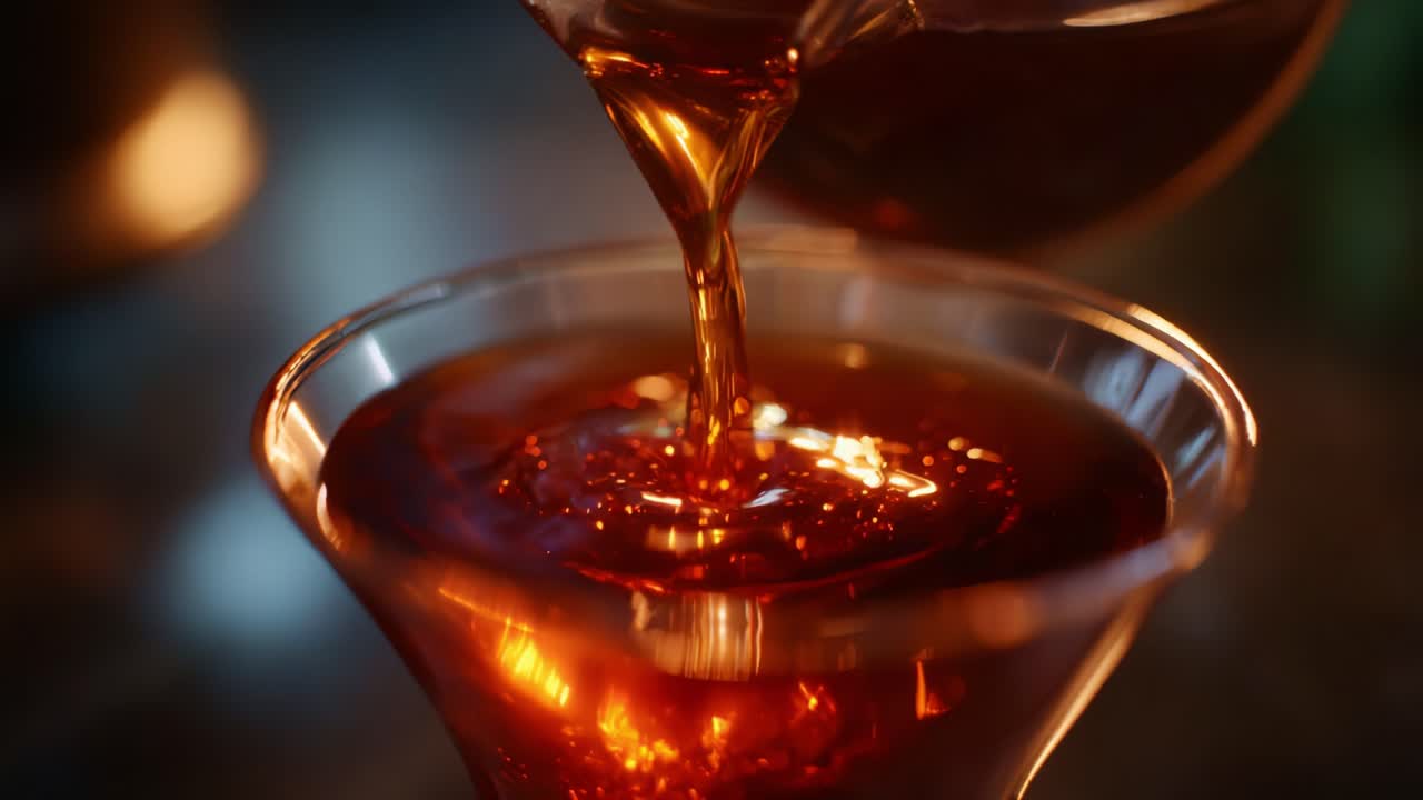 Mesmerizing Pouring of Rich Liquid into a Glass, Highlighting the Elegant Swirls and Textures of the Beverage in Captivating Lighting Conditions