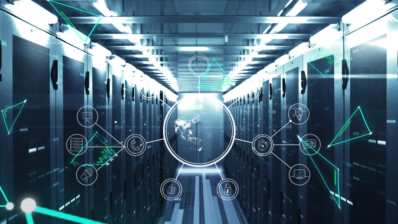 Neon triangle shapes moving and globe of network of connections spinning against server room