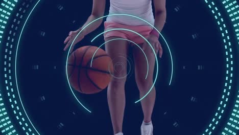 Animation-of-scope-scanning-over-caucasian-woman-playing-basketball