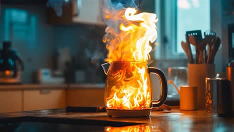 a kettle on fire on a kitchen counter top