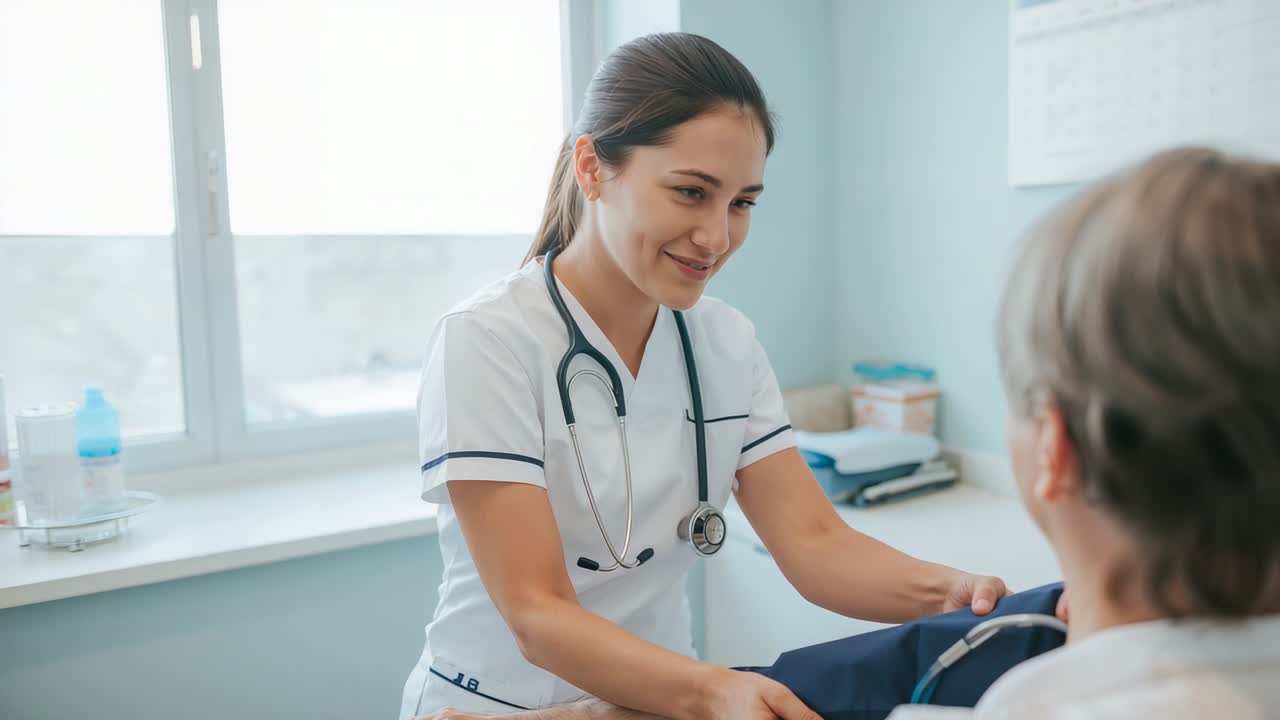 Enfermera vestida con uniforme blanco midiendo la presión arterial de un paciente sentado en una sala de examen, estetoscopio