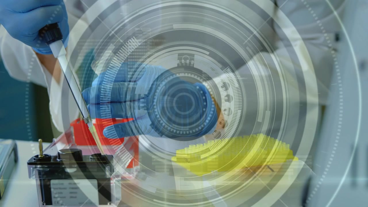 Animation of scope scanning and data processing over caucasian scientist in lab