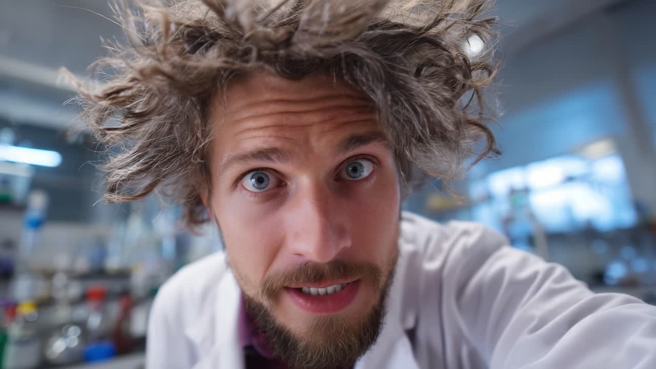 Curious scientist with tousled hair engages viewer in a laboratory setting, showcasing enthusiasm and eagerness for experiments and scientific discoveries