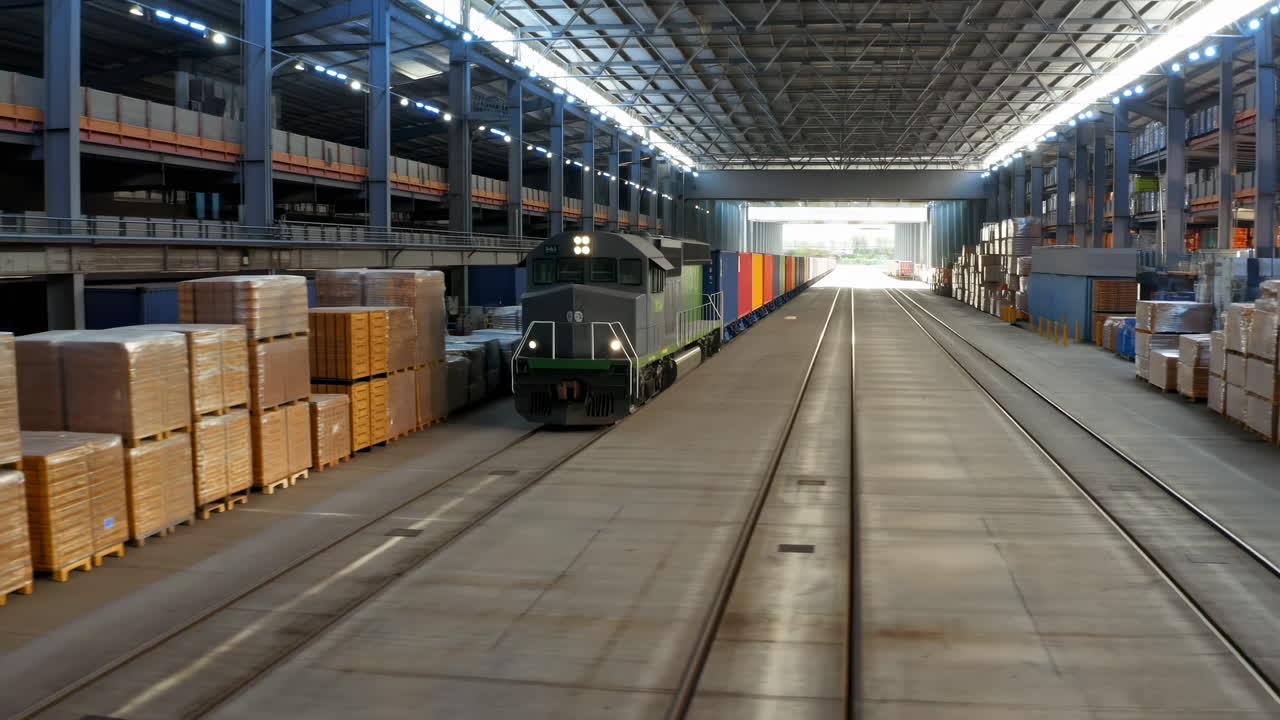 Industrial Warehouse Freight Terminal With Train, Long Central Rails Flanked By Stacked Pallets