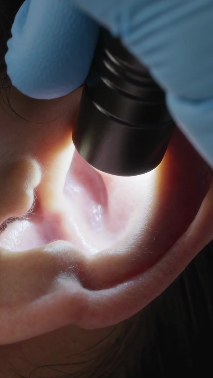 Video verticale: Accendendo una luce nera, un esaminatore con guanti blu ispeziona un orecchio in clinica, controllando il cerume.