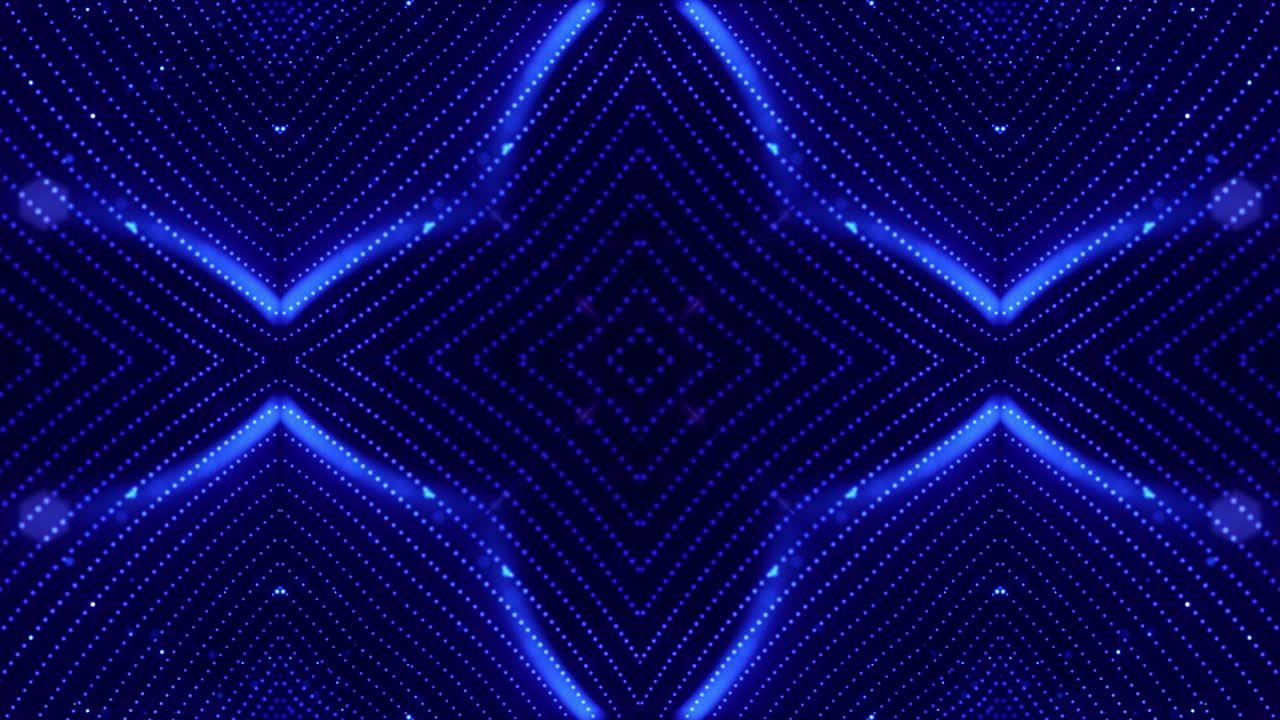 Abstract theme of microworld or nanotechnology. 4k looped sci-fi 3d background with light effects. Glow blue particles form lines, surfaces, complex symmetrical structures like in kaleidoscope.