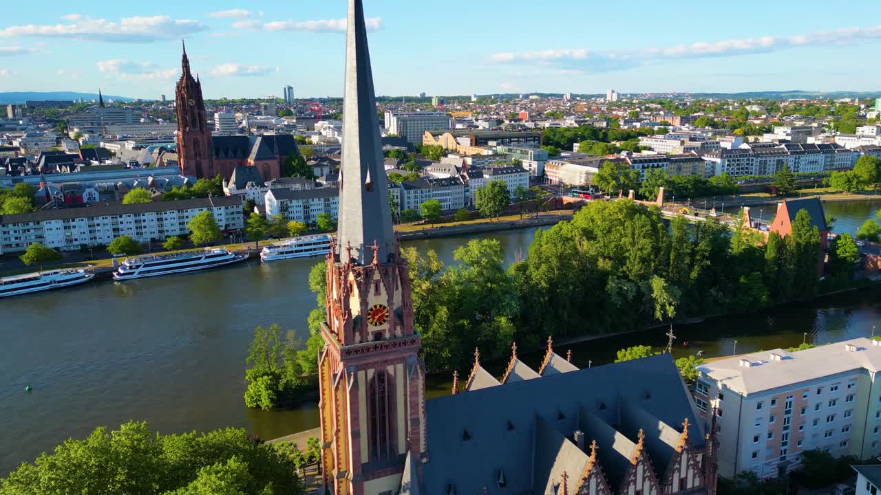 Aerial view of Frankfurt cityscape and river
