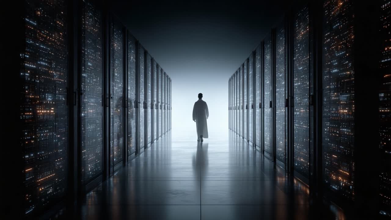 A solitary figure shrouded in a long robe stands amidst towering server racks, enveloped in an atmosphere of technological mystery and digital enlightenment, representing the intersection of humanity and artificial intelligence