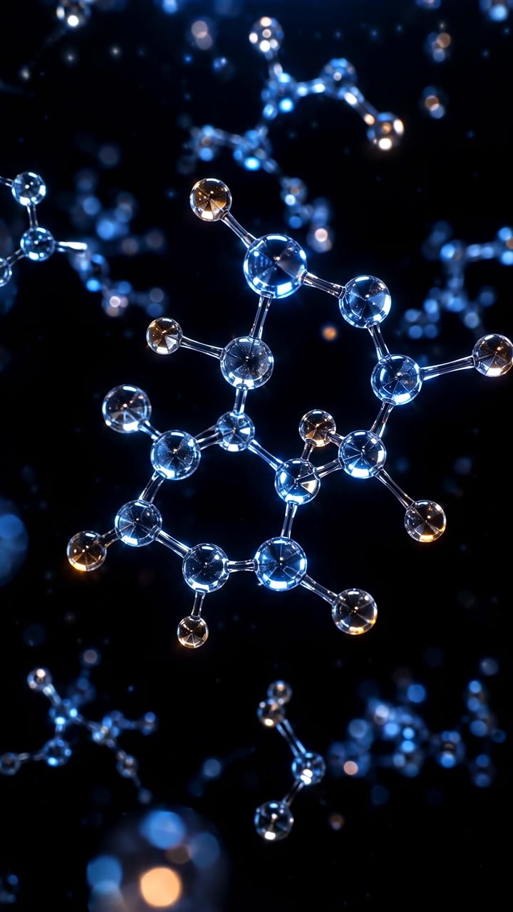 View closes in on a clear molecular model suspended against a deep blue background, revealing reflective spherical forms, thin connecting rods, warm accents, and layered depth.
