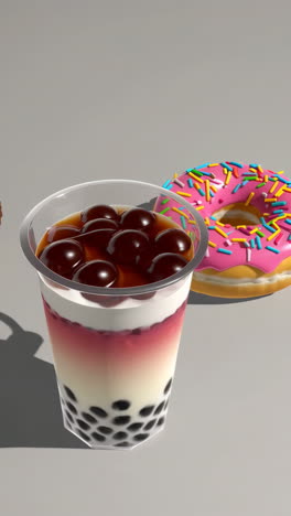 bubble tea and pink donut with sprinkles