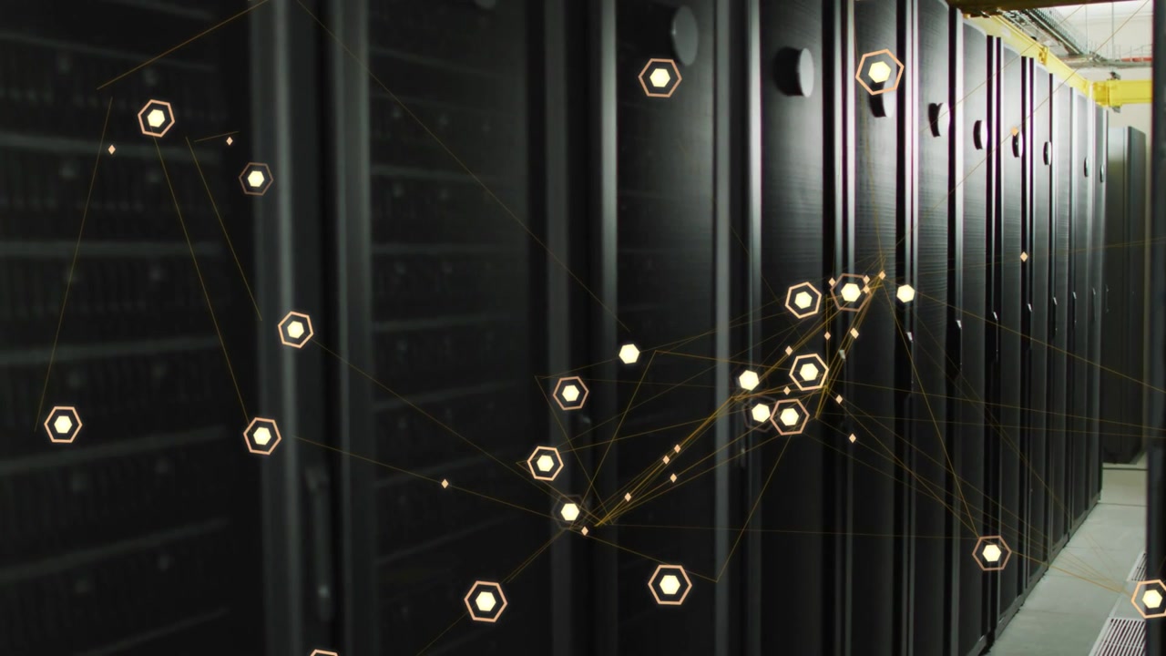 Server rack row running in DC aisle, overlay fading in and clustering into hexagons for monitoring