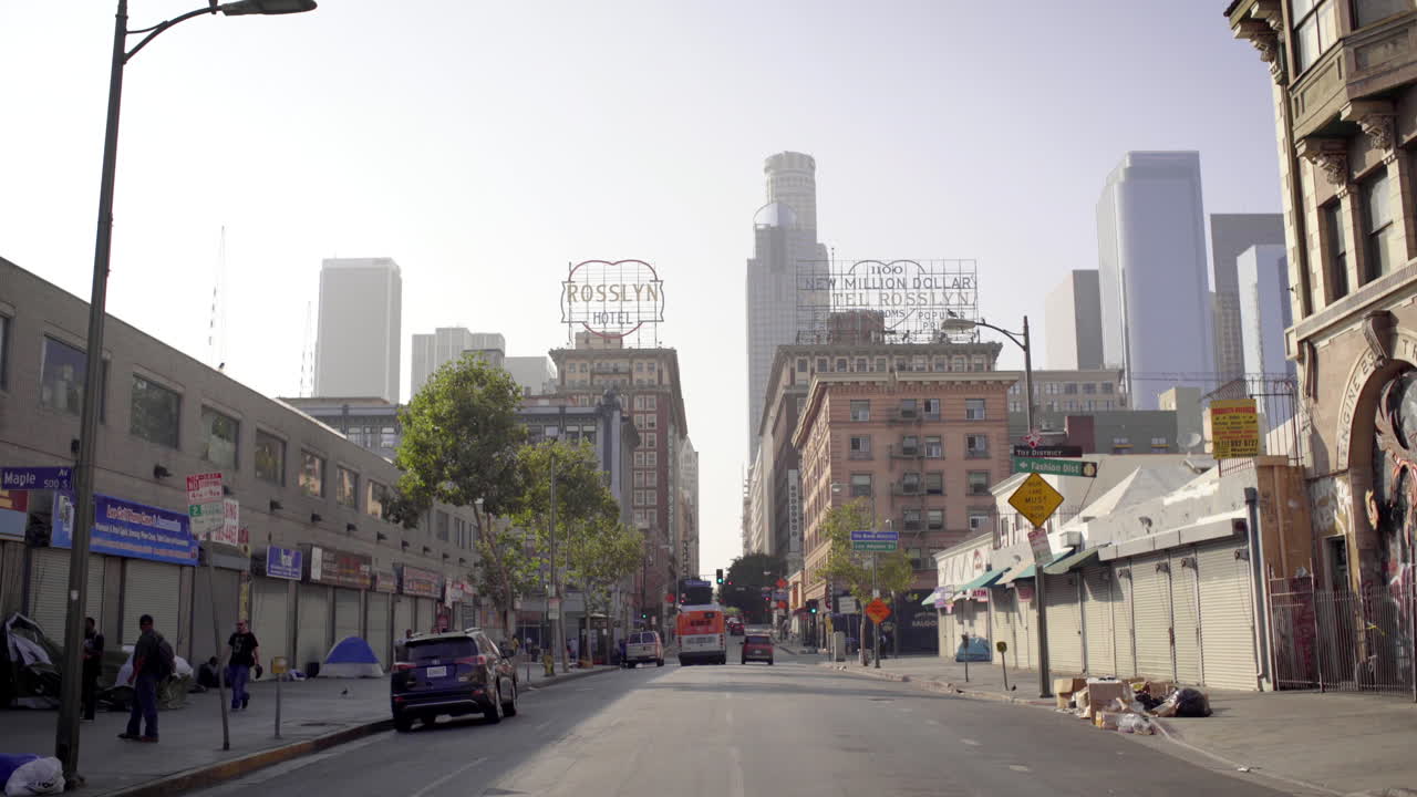 Downtown Los Angeles Street Scene with Homeless Encampments