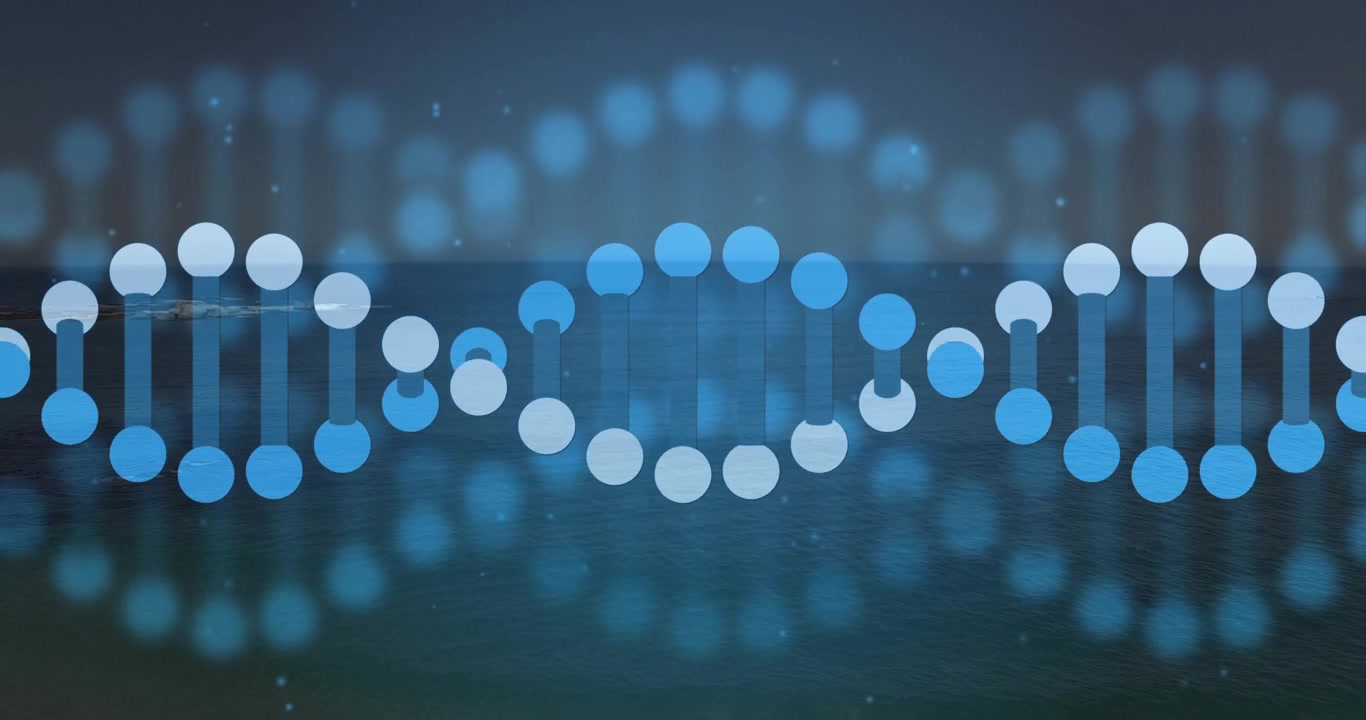Klynge af glødende cirkler kommer frem fra højre kant, danner en DNA-helix, der viser DNA over havets skumring.