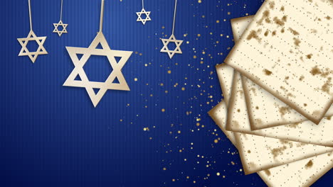 happy jewish passover. star of david and traditional matzah bread on blue background. looped holiday animation.