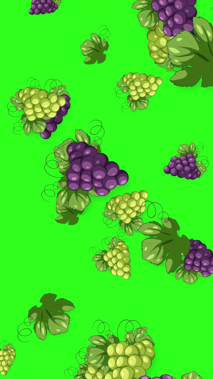 Grappoli di uva verde e viola in stile cartone animato cadono verticalmente su uno sfondo verde brillante