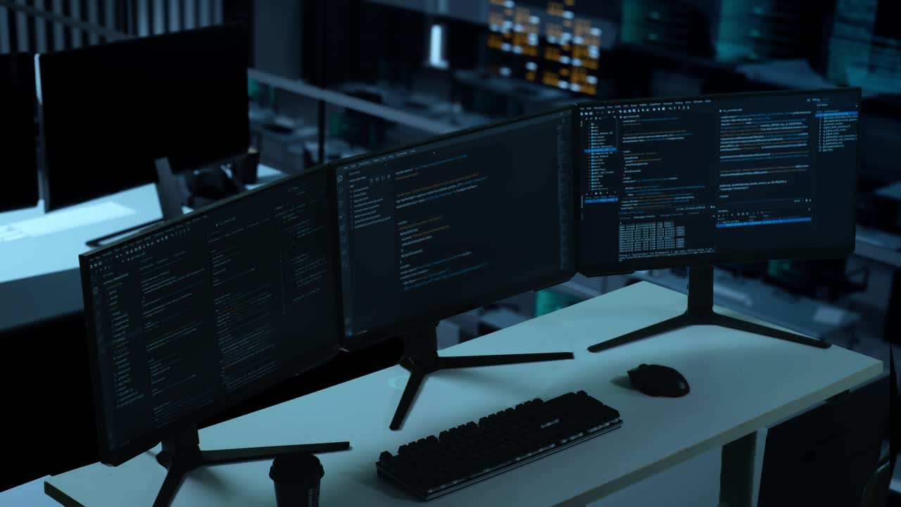 codificación en múltiples pantallas de computadora en la oficina