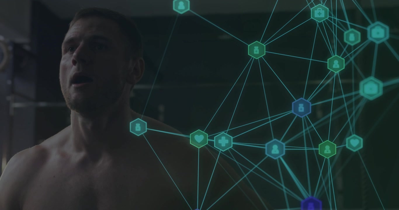 Inhaling shirtless man standing lifting head exhaling gazing left preparing workout teal hex right